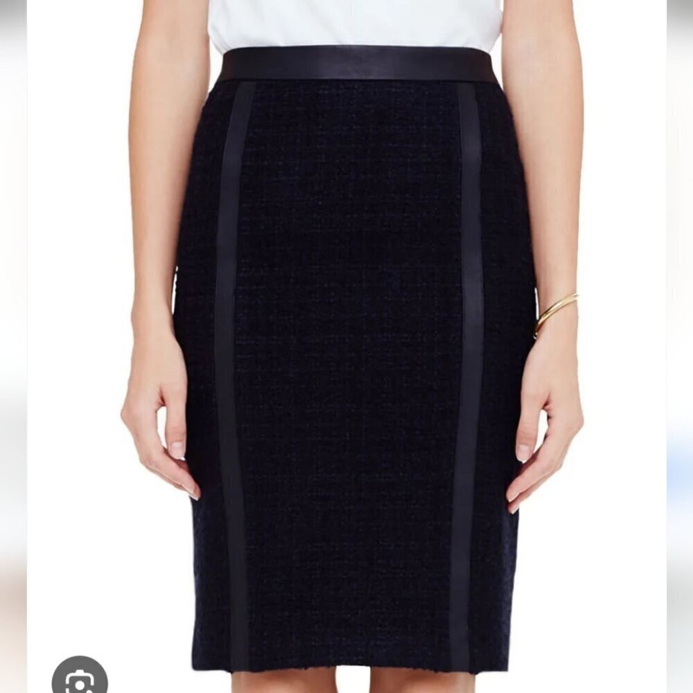 CLUB MONACO | Tweed Pencil Skirt Navy Wool Black Faux Leather Sz 12